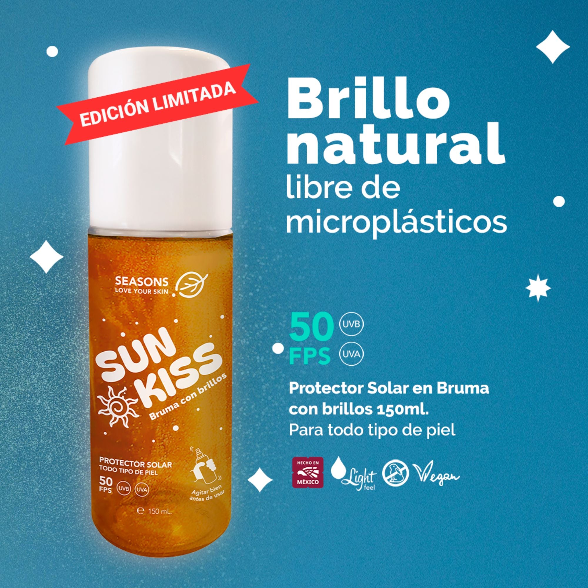 Protector solar FPS50 Sun Kiss Bruma con brillos 150 ml